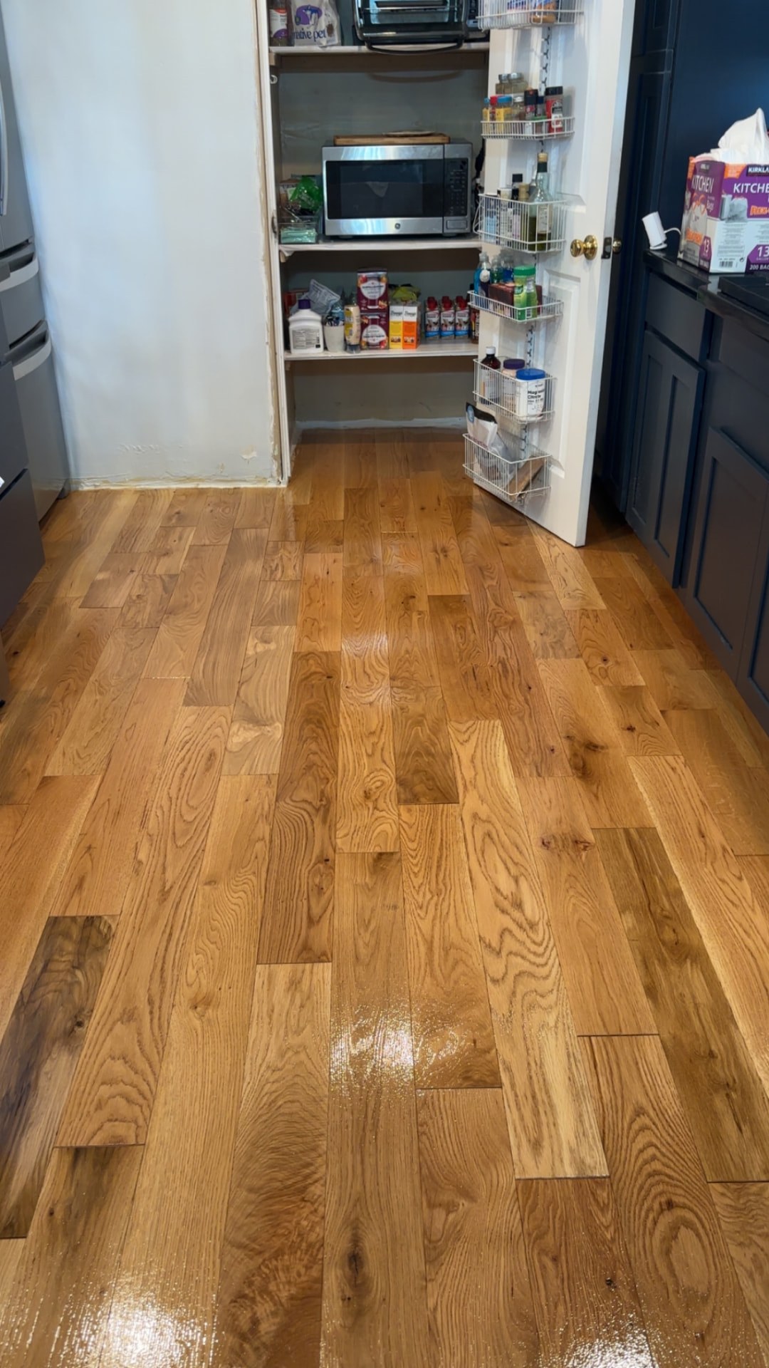 Warm golden wood flooring beside a kitchen pantry
